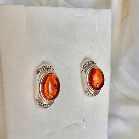 Vintage Sterling Silver Amber Earrings, Sterling Silver Earrings, Amber J - Picture 9 of 10